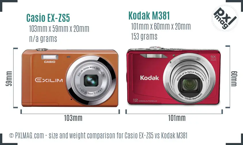 Casio EX-ZS5 vs Kodak M381 size comparison