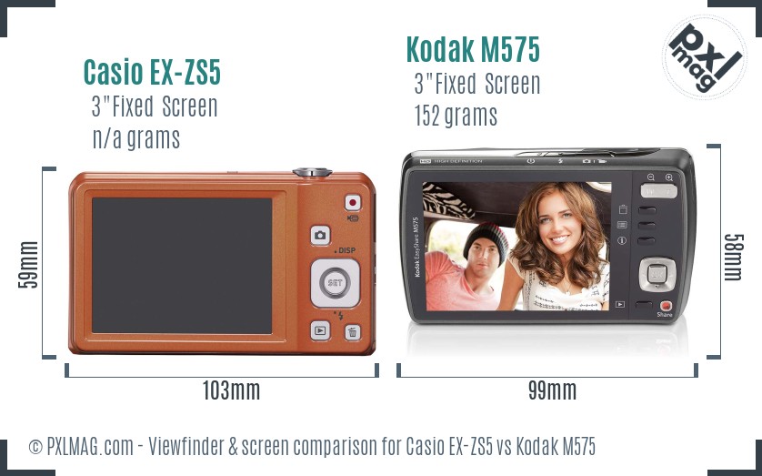 Casio EX-ZS5 vs Kodak M575 Screen and Viewfinder comparison