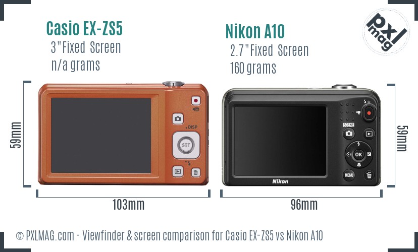 Casio EX-ZS5 vs Nikon A10 Screen and Viewfinder comparison