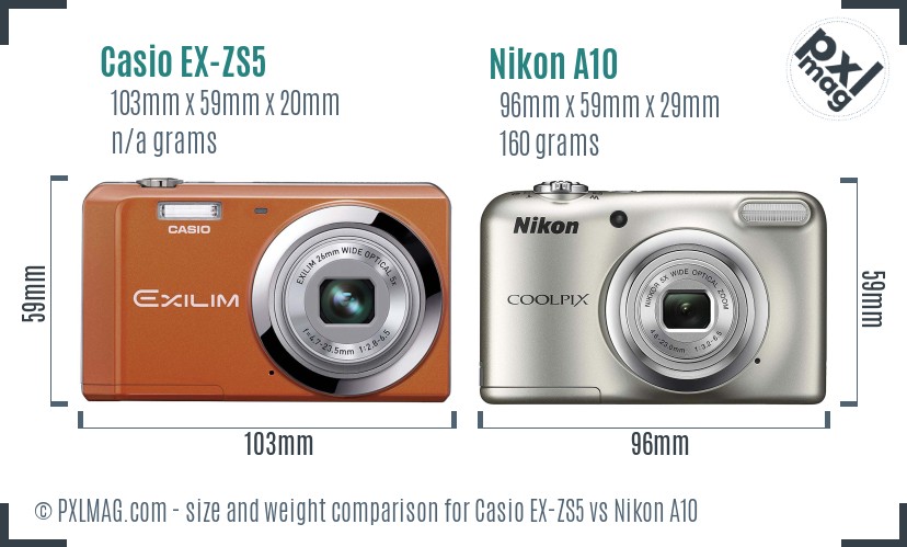 Casio EX-ZS5 vs Nikon A10 size comparison