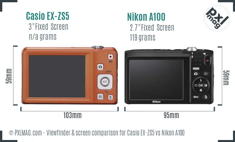Casio EX-ZS5 vs Nikon A100 Screen and Viewfinder comparison