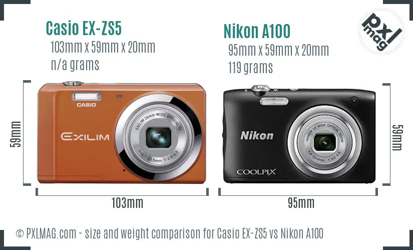 Casio EX-ZS5 vs Nikon A100 size comparison