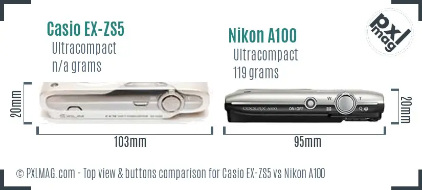 Casio EX-ZS5 vs Nikon A100 top view buttons comparison
