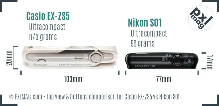 Casio EX-ZS5 vs Nikon S01 top view buttons comparison