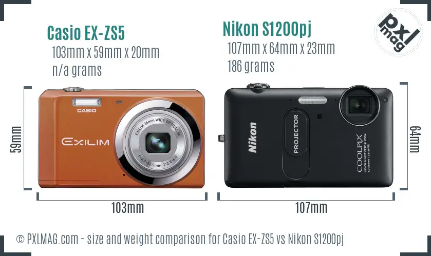 Casio EX-ZS5 vs Nikon S1200pj size comparison Casio EX-ZS5 vs Nikon S1200pj size comparison