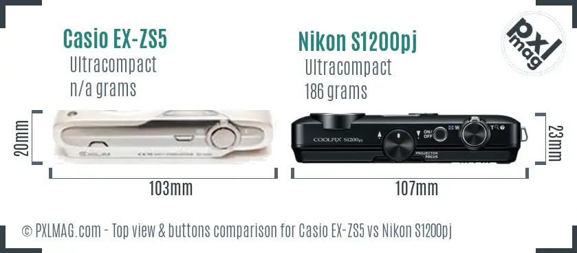 Casio EX-ZS5 vs Nikon S1200pj top view buttons comparison Casio EX-ZS5 vs Nikon S1200pj top view buttons comparison