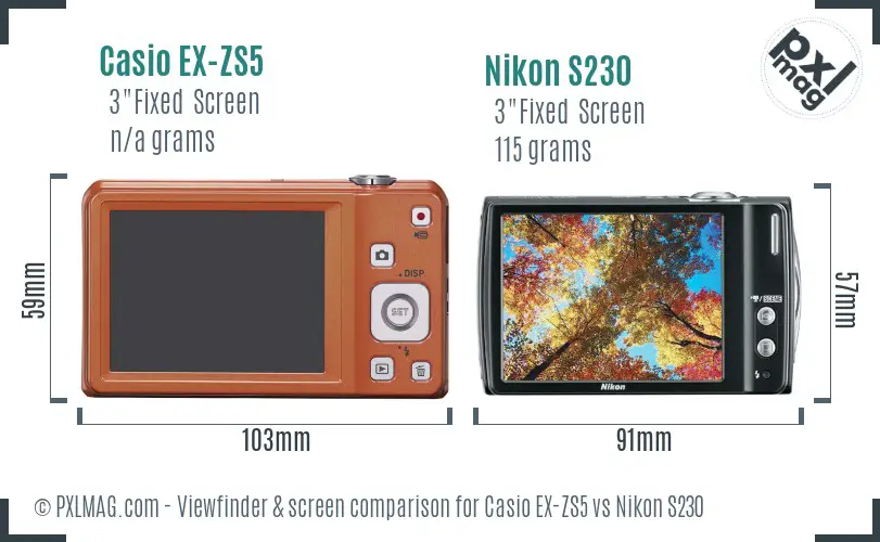 Casio EX-ZS5 vs Nikon S230 Screen and Viewfinder comparison