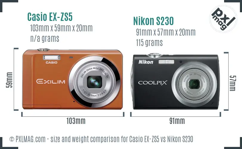 Casio EX-ZS5 vs Nikon S230 size comparison