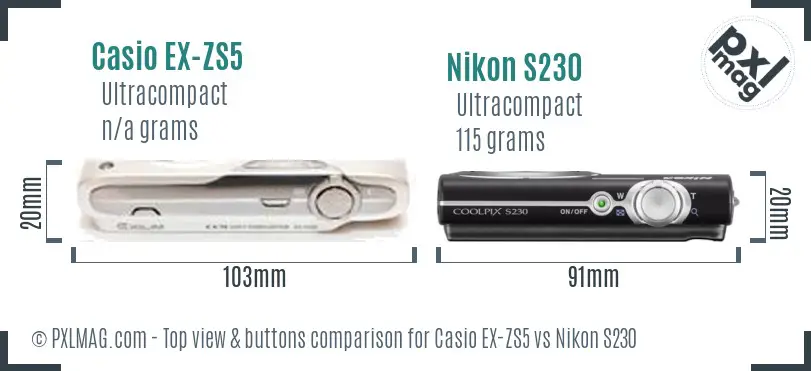 Casio EX-ZS5 vs Nikon S230 top view buttons comparison