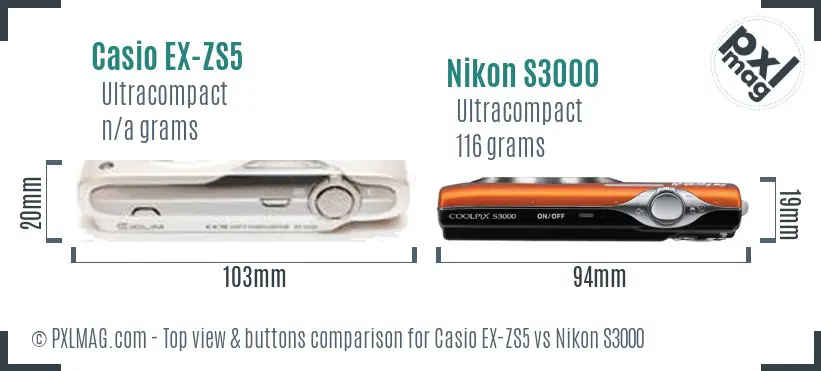 Casio EX-ZS5 vs Nikon S3000 top view buttons comparison