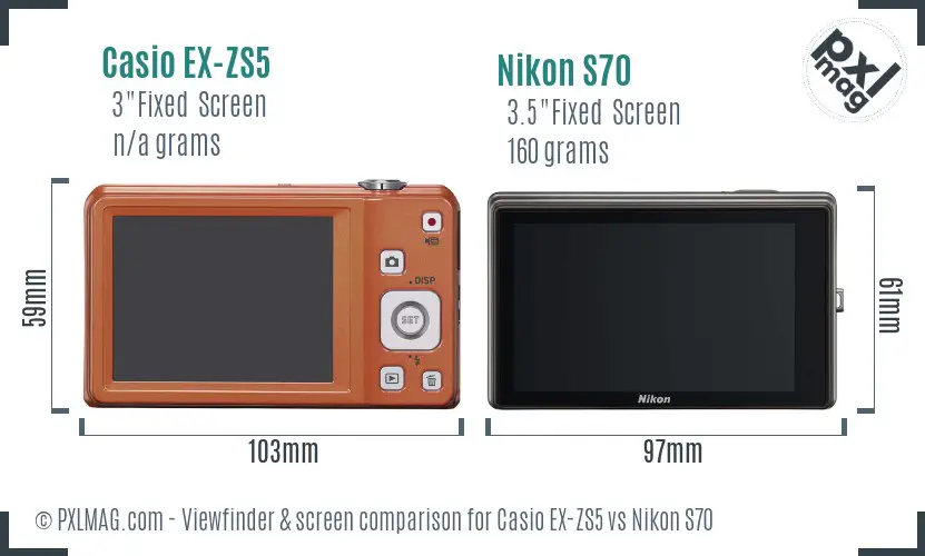 Casio EX-ZS5 vs Nikon S70 Screen and Viewfinder comparison