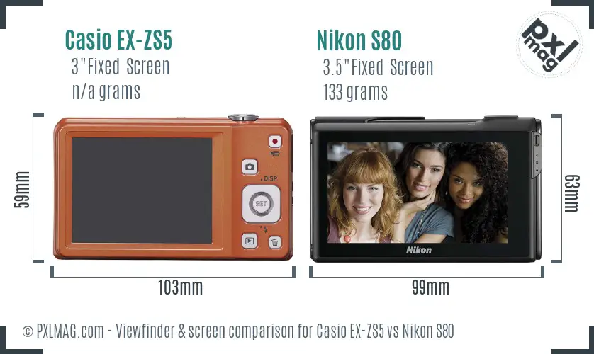 Casio EX-ZS5 vs Nikon S80 Screen and Viewfinder comparison