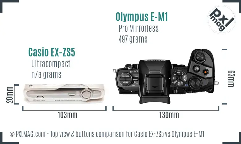 Casio EX-ZS5 vs Olympus E-M1 top view buttons comparison