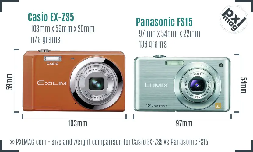 Casio EX-ZS5 vs Panasonic FS15 size comparison