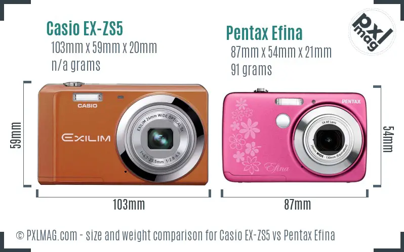 Casio EX-ZS5 vs Pentax Efina size comparison