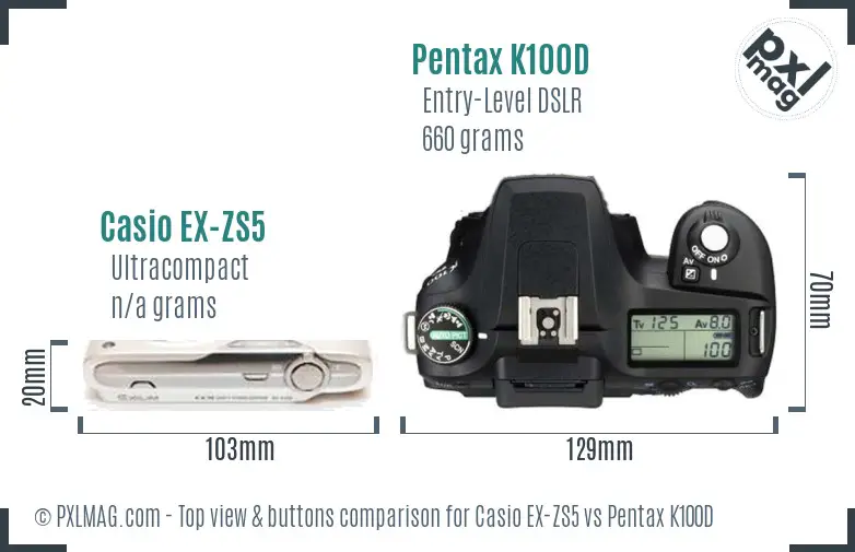 Casio EX-ZS5 vs Pentax K100D top view buttons comparison