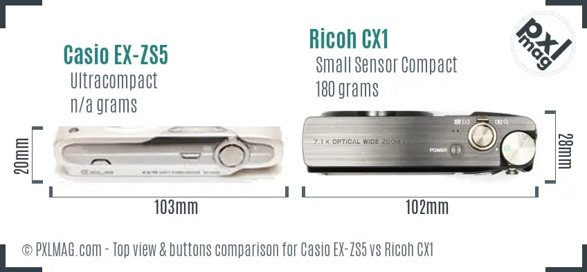 Casio EX-ZS5 vs Ricoh CX1 top view buttons comparison