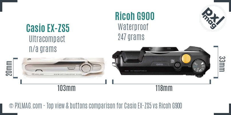 Casio EX-ZS5 vs Ricoh G900 top view buttons comparison