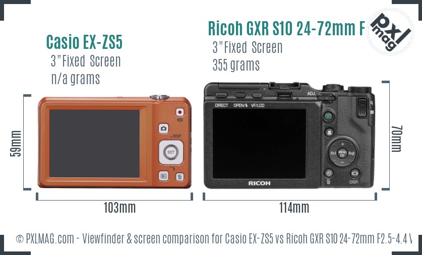 Casio EX-ZS5 vs Ricoh GXR S10 24-72mm F2.5-4.4 VC Screen and Viewfinder comparison
