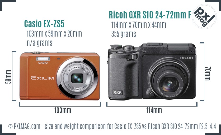 Casio EX-ZS5 vs Ricoh GXR S10 24-72mm F2.5-4.4 VC size comparison Casio EX-ZS5 vs Ricoh GXR S10 24-72mm F2.5-4.4 VC size comparison
