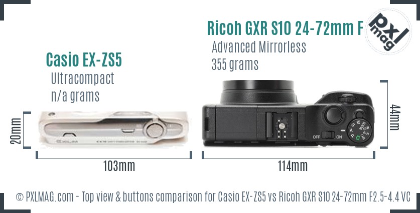 Casio EX-ZS5 vs Ricoh GXR S10 24-72mm F2.5-4.4 VC top view buttons comparison