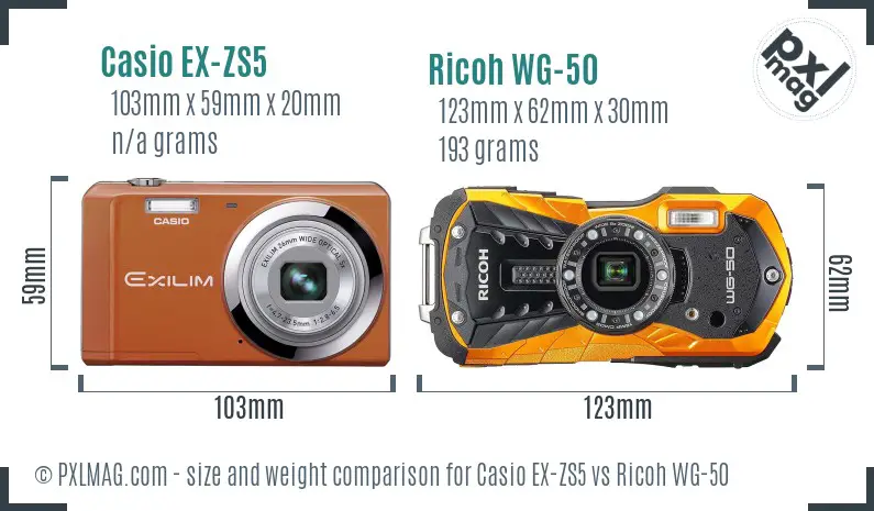 Casio EX-ZS5 vs Ricoh WG-50 size comparison