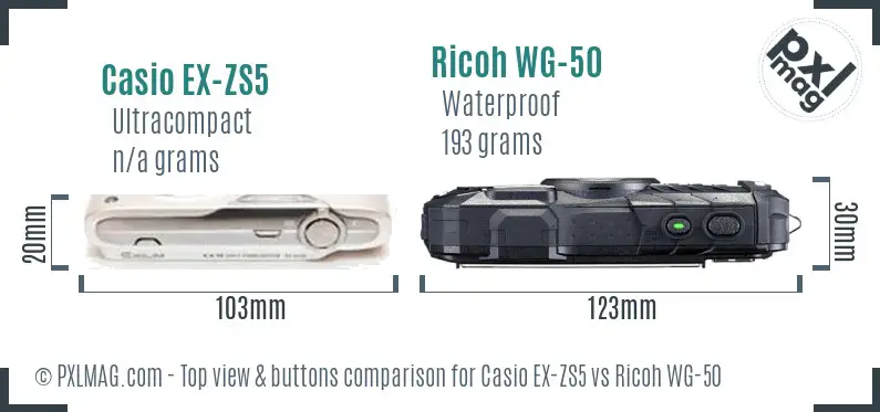 Casio EX-ZS5 vs Ricoh WG-50 top view buttons comparison