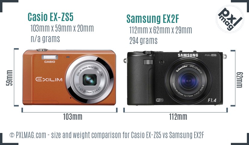 Casio EX-ZS5 vs Samsung EX2F size comparison