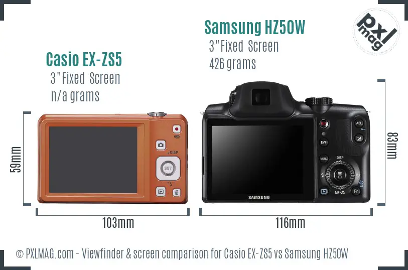 Casio EX-ZS5 vs Samsung HZ50W Screen and Viewfinder comparison