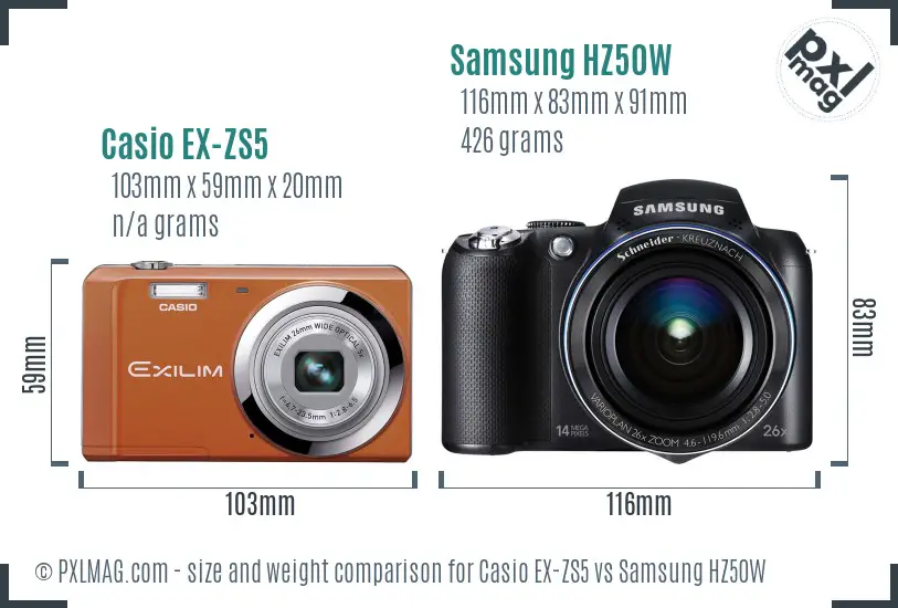 Casio EX-ZS5 vs Samsung HZ50W size comparison