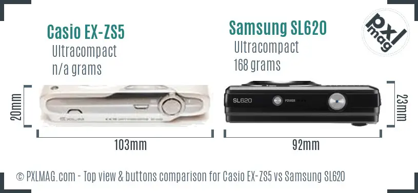 Casio EX-ZS5 vs Samsung SL620 top view buttons comparison Casio EX-ZS5 vs Samsung SL620 top view buttons comparison
