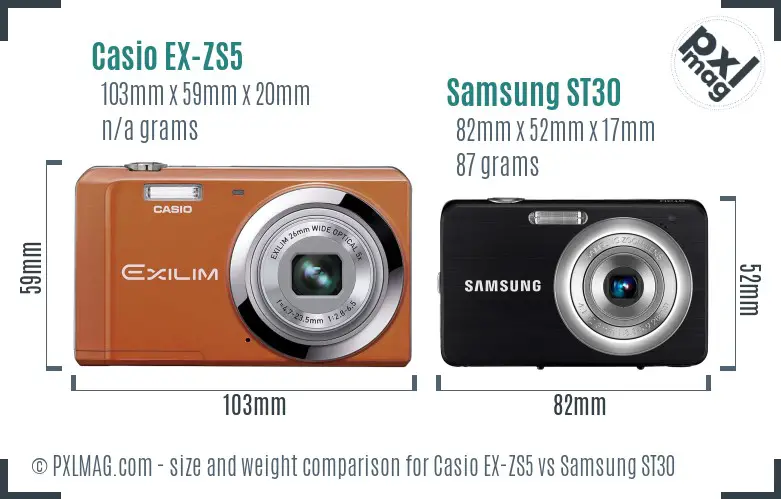 Casio EX-ZS5 vs Samsung ST30 size comparison