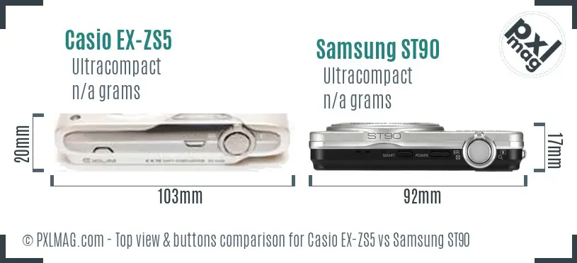 Casio EX-ZS5 vs Samsung ST90 top view buttons comparison Casio EX-ZS5 vs Samsung ST90 top view buttons comparison