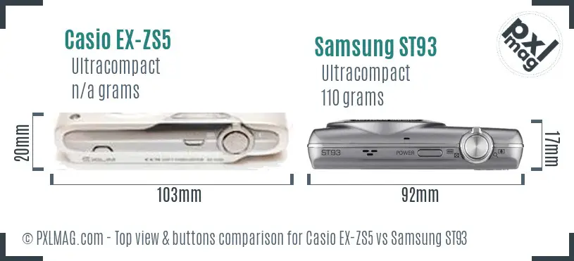 Casio EX-ZS5 vs Samsung ST93 top view buttons comparison Casio EX-ZS5 vs Samsung ST93 top view buttons comparison