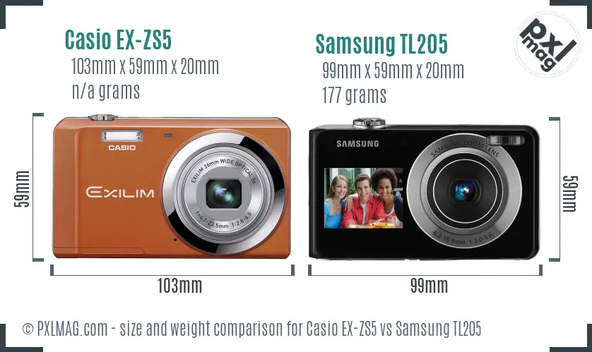 Casio EX-ZS5 vs Samsung TL205 size comparison