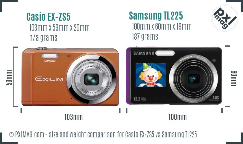 Casio EX-ZS5 vs Samsung TL225 size comparison