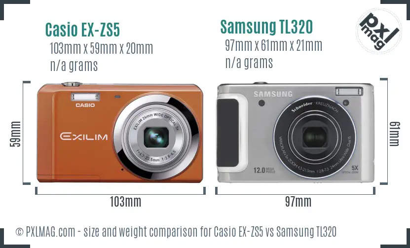 Casio EX-ZS5 vs Samsung TL320 size comparison