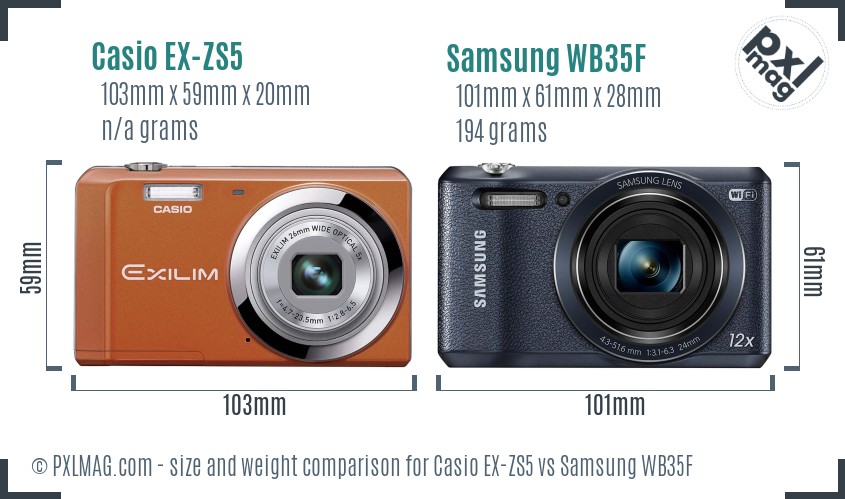 Casio EX-ZS5 vs Samsung WB35F size comparison