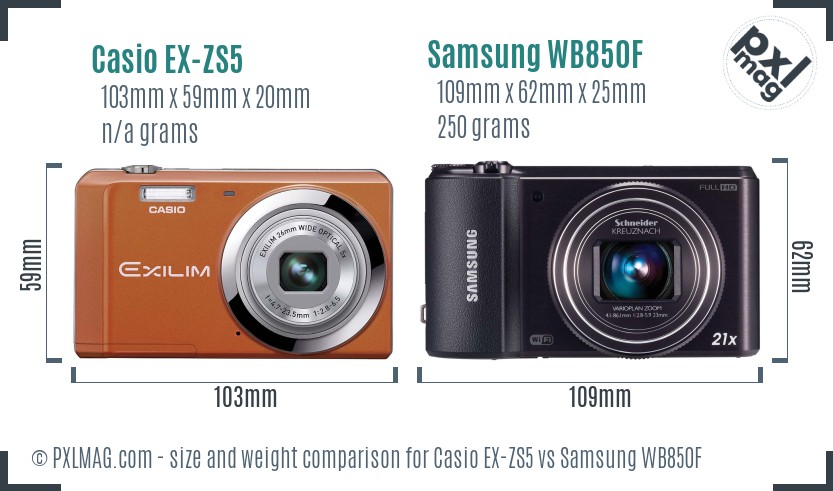 Casio EX-ZS5 vs Samsung WB850F size comparison