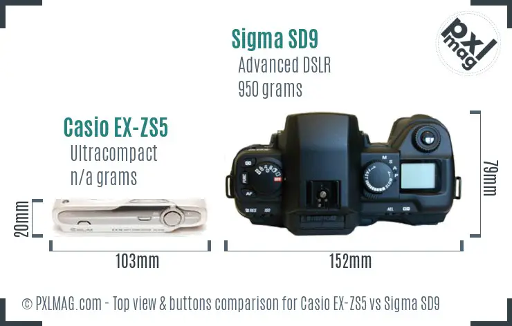 Casio EX-ZS5 vs Sigma SD9 top view buttons comparison Casio EX-ZS5 vs Sigma SD9 top view buttons comparison