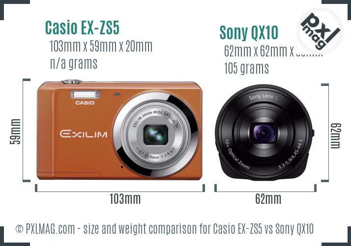 Casio EX-ZS5 vs Sony QX10 size comparison