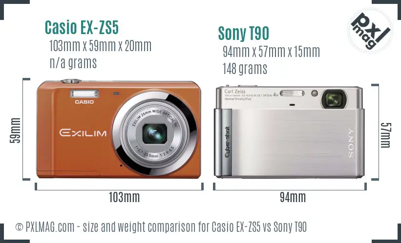 Casio EX-ZS5 vs Sony T90 size comparison