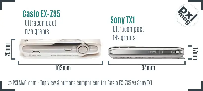 Casio EX-ZS5 vs Sony TX1 top view buttons comparison Casio EX-ZS5 vs Sony TX1 top view buttons comparison