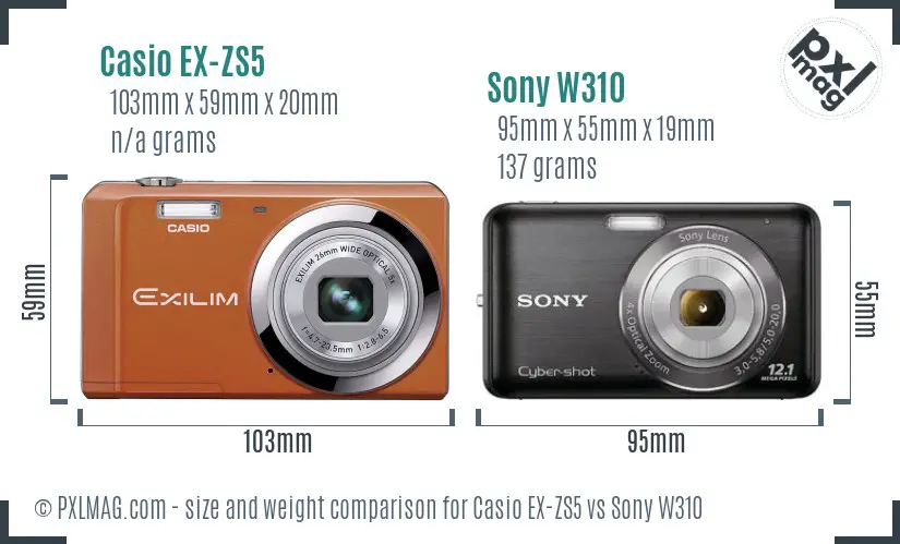 Casio EX-ZS5 vs Sony W310 size comparison