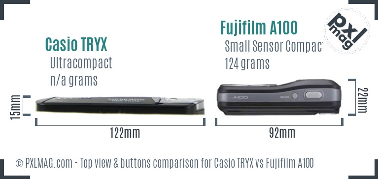 Casio TRYX vs Fujifilm A100 top view buttons comparison Casio TRYX vs Fujifilm A100 top view buttons comparison