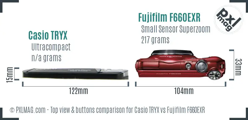 Casio TRYX vs Fujifilm F660EXR top view buttons comparison Casio TRYX vs Fujifilm F660EXR top view buttons comparison