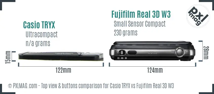 Casio TRYX vs Fujifilm Real 3D W3 top view buttons comparison