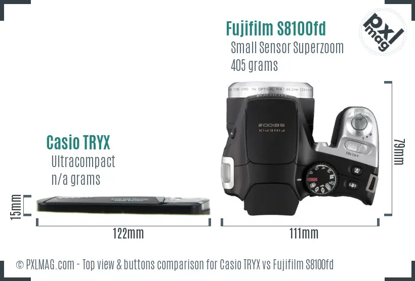 Casio TRYX vs Fujifilm S8100fd top view buttons comparison Casio TRYX vs Fujifilm S8100fd top view buttons comparison