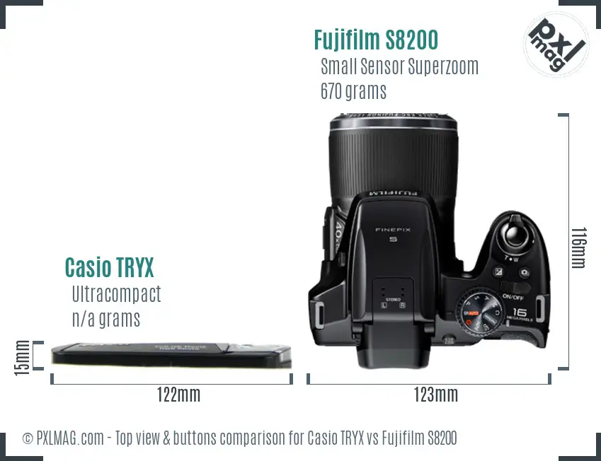 Casio TRYX vs Fujifilm S8200 top view buttons comparison Casio TRYX vs Fujifilm S8200 top view buttons comparison