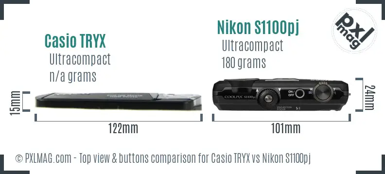 Casio TRYX vs Nikon S1100pj top view buttons comparison Casio TRYX vs Nikon S1100pj top view buttons comparison